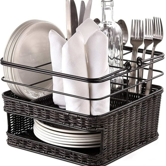 Mesa Black Woven Storage Basket Picnic Caddy Organizer - Picture 2 of 14